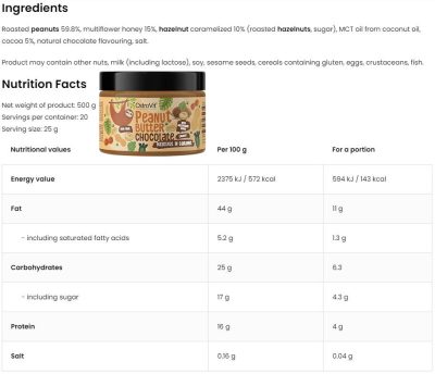 OstroVit Chocolate Peanut Butter + Caramelized Hazelnuts 500 g Nutrition Fact