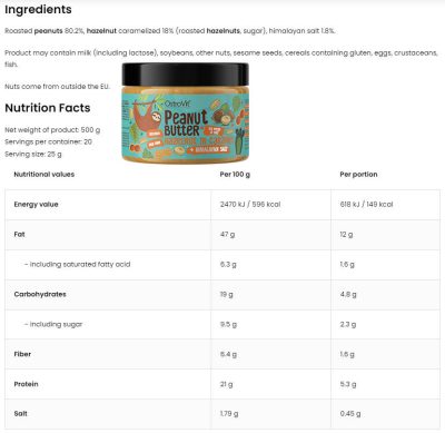 OstroVit Peanut Butter + Caramelized Hazelnuts Himalayan Salt 500g Nutrition Fact