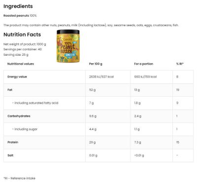 Ostrovit Peanut butter Nutrition Fact Ingredient